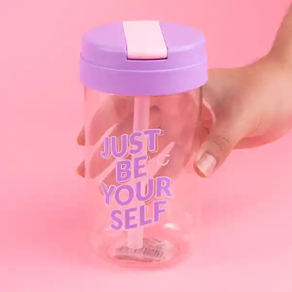 Vaso Plástico Con Tapa Abatible de Letter Rosa 500 mL Miniso