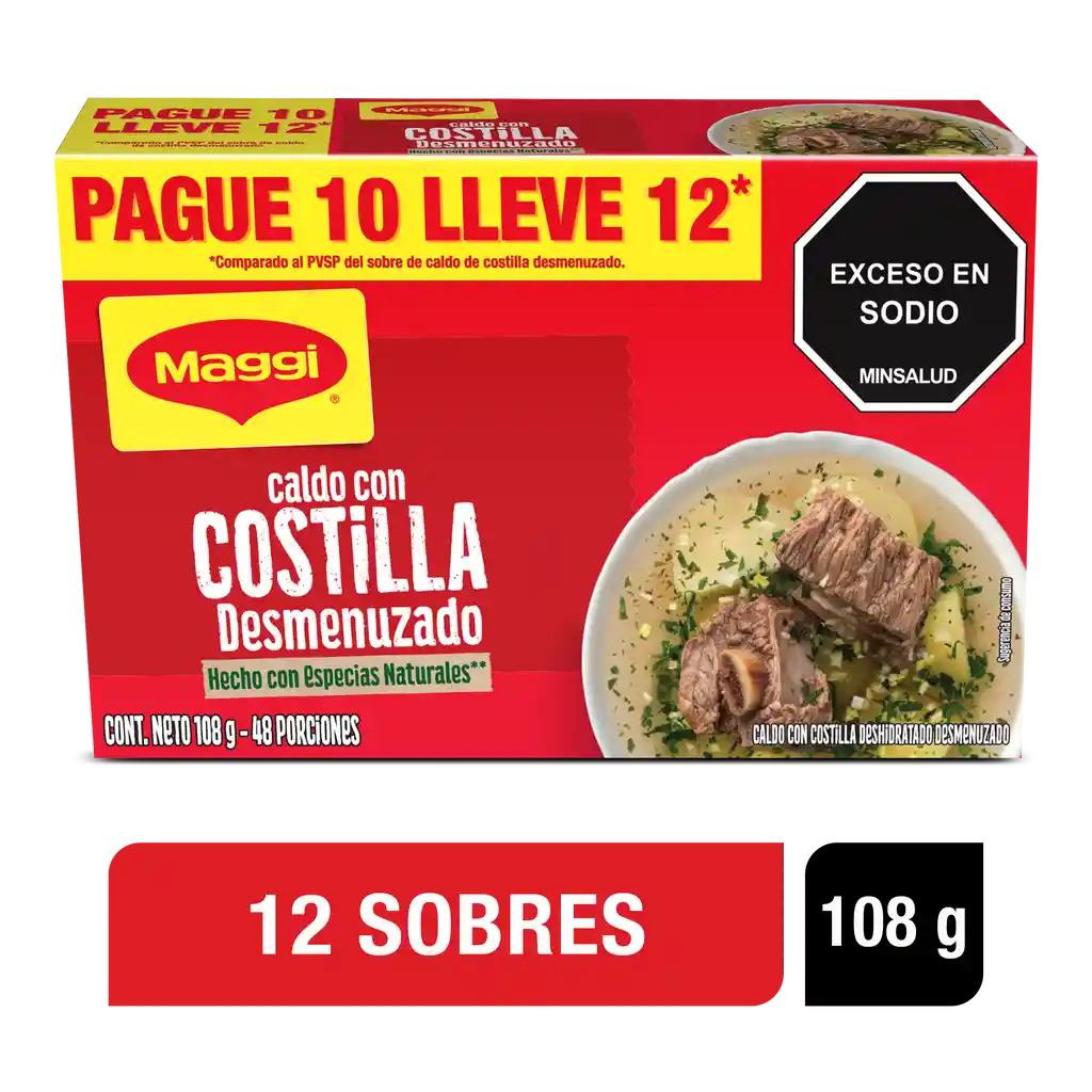 Caldo con Costilla MAGGI Desmenuzado paga 10 lleva 12 sobres x 108g