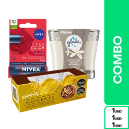 Combo Vela Vainilla + Nivea Hidratante Rosa + Moments Chocolates