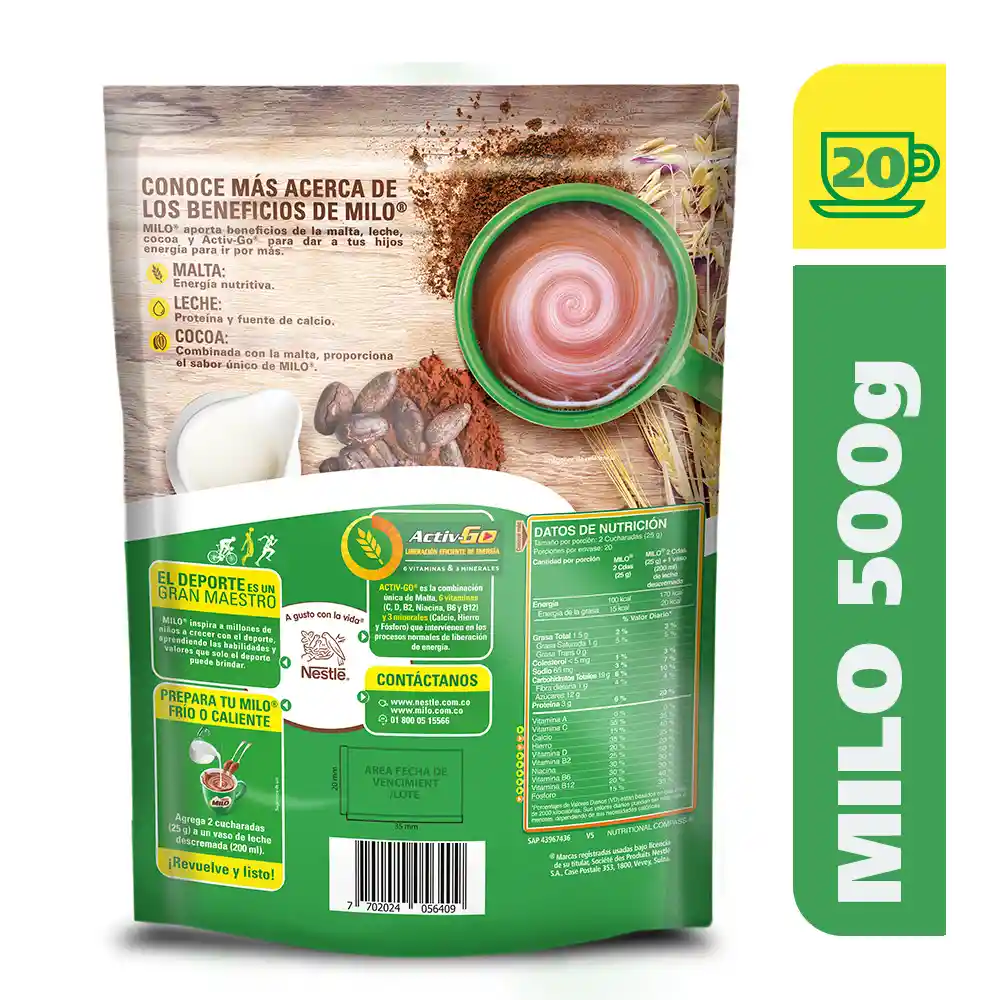 Modificador de leche MILO a base de malta y cocoa x 500g