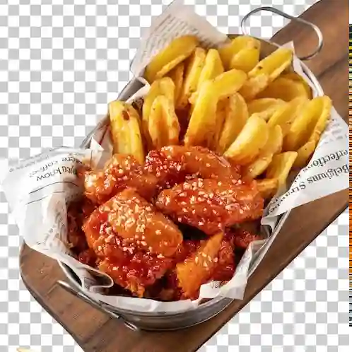 Porción de pollo agridulce con papas