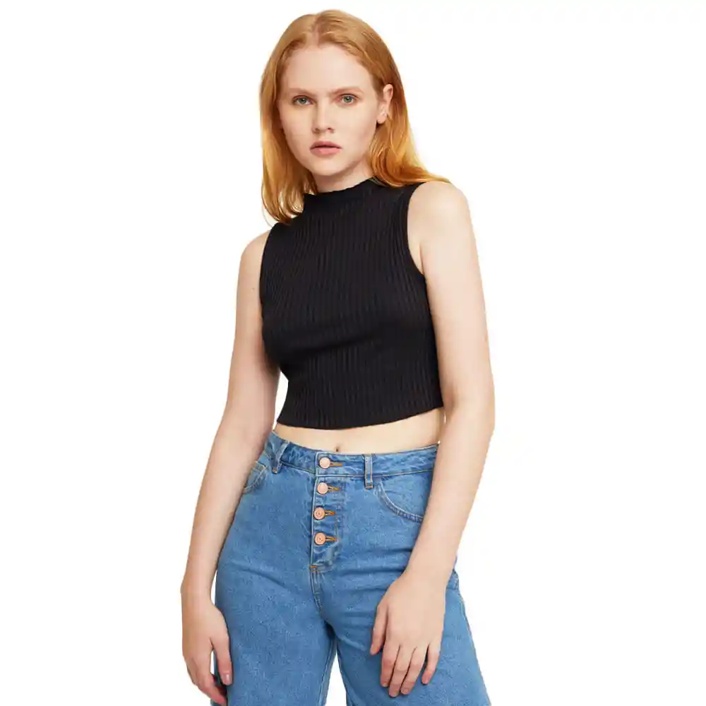 Camiseta Tipo Crop Top Unicolor M/s Talla S Negro