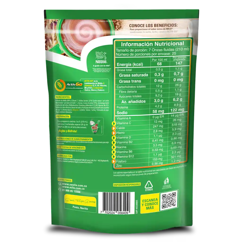 Modificador de leche MILO a base de malta y cocoa x 500g