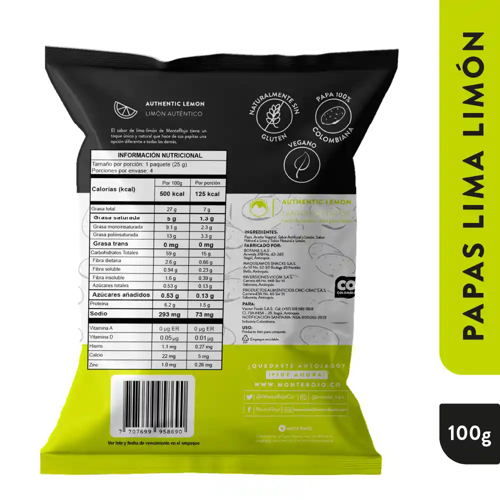 Monte Rojo Papas Lima Limón 100 gr