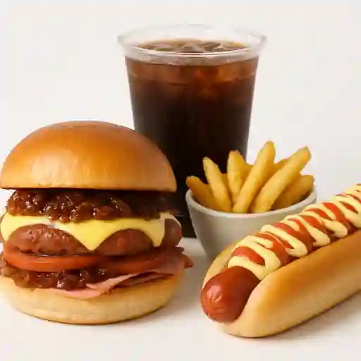 Combina2 Chori Burger Papas y Perro Papas y Bebida.