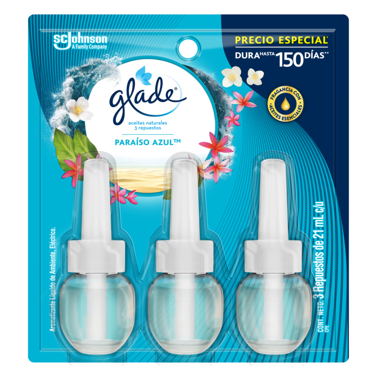 Ambientador Glade Aceites Naturales Repuesto Paraíso Azul 63 ml x3