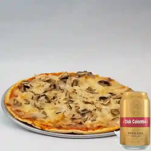 Combo Pizza Pollo Champiñones + Club Col. Dorada Lata 330ml