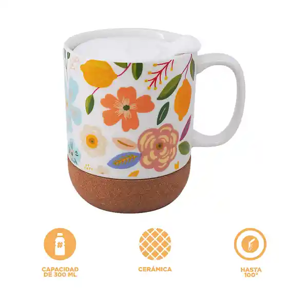 Taza Cerámica Con Tapa y Fondo de Corcho Flower 300 mL Miniso