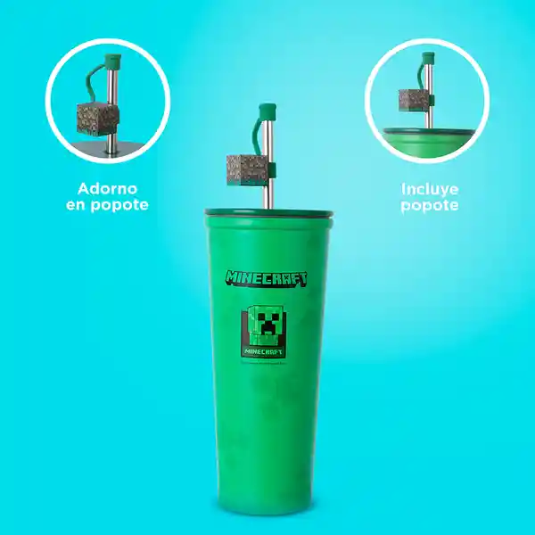 Vaso Acero Doble Pared Pitillo Creeper Minecraft Verde Miniso