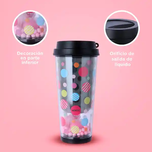 Vaso Plástico de Doble Pared Serie Dots Negro 450 mL Miniso