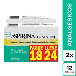 Aspirina Efervescente 500 mg Ácido Acetilsalicílico Caja Pague 18 Lleve 24 tab