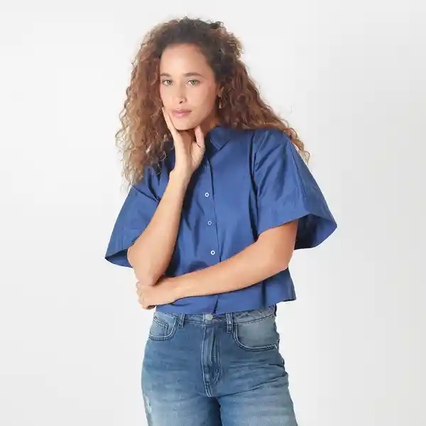 Blusa Cuello Camisero Manga Corta Azul Talla M 727525