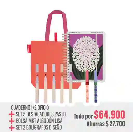 Combo Cuaderno + Set 5 Plumones + 2 Bolígrafos + Bolsa Multiuso