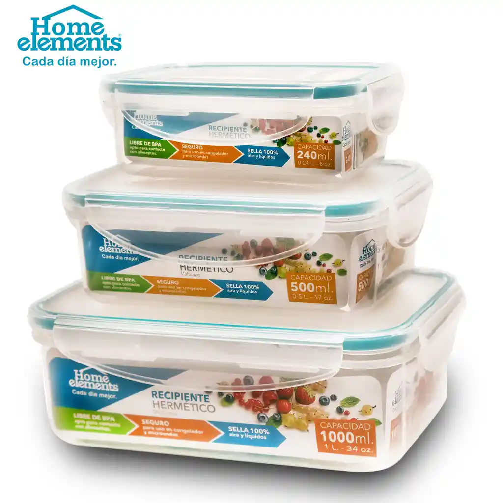 Home Elements set x 3 Recipientes Herméticos Rectangulares