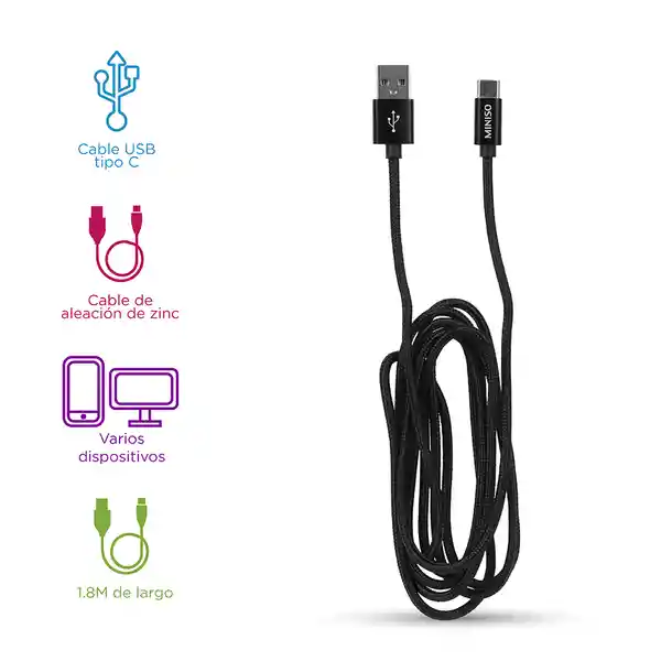 Cable de Datos de Aluminio Trenzado Tipo C 3A Negro Miniso