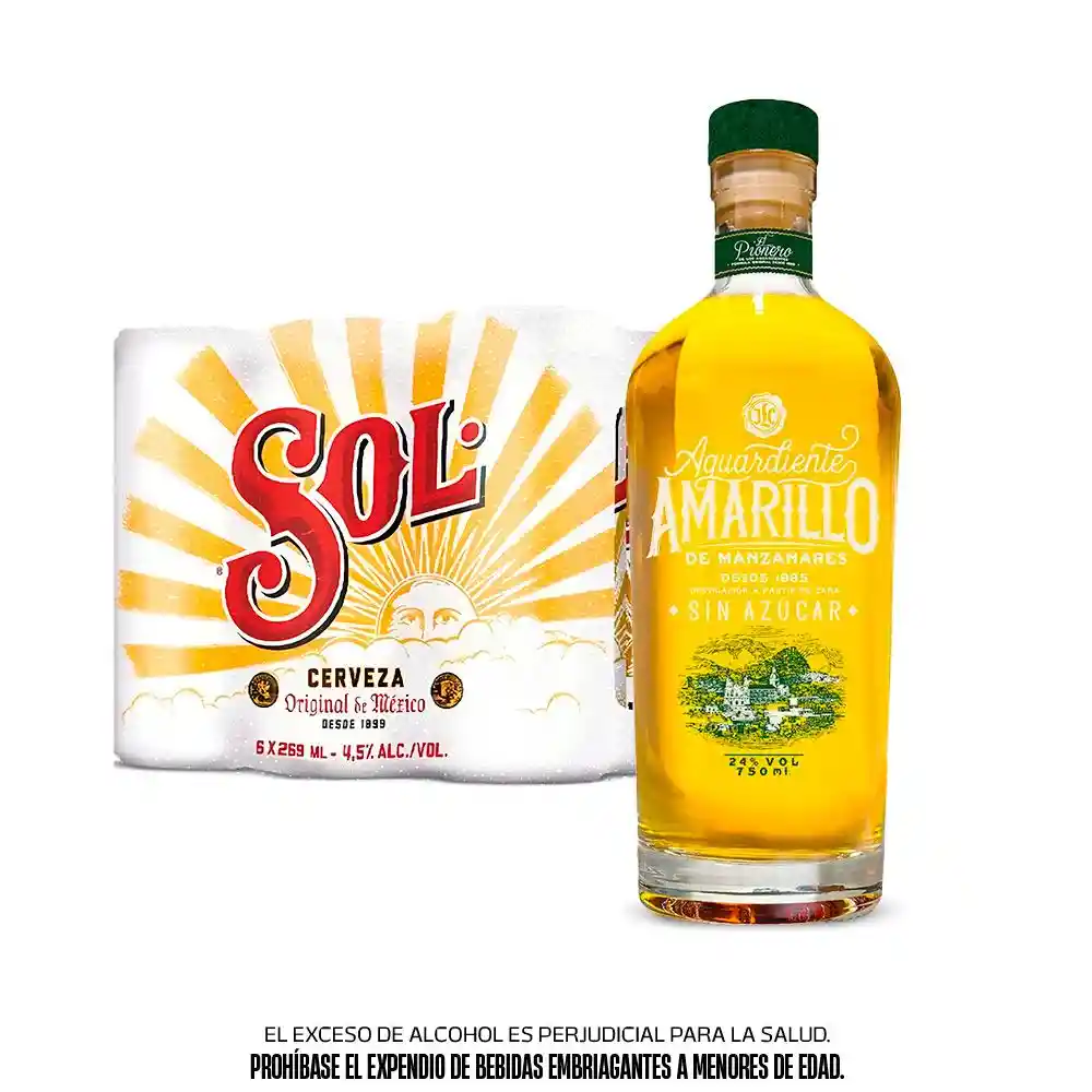 Six Pack Cerveza Sol Botella 330 Ml + Amarillo Manzanares 750 Ml