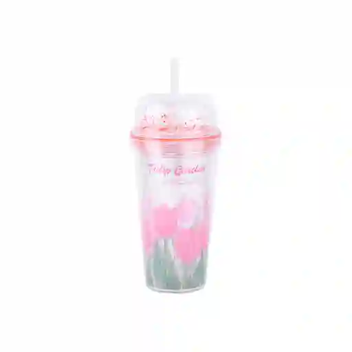 Vaso Plástico de Doble Pared Pitillo Tulip Garden 480 mL Miniso