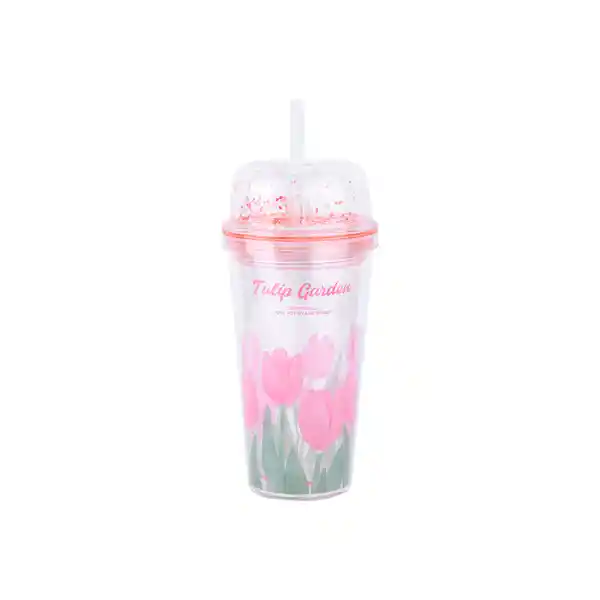 Vaso Plástico de Doble Pared Pitillo Tulip Garden 480 mL Miniso