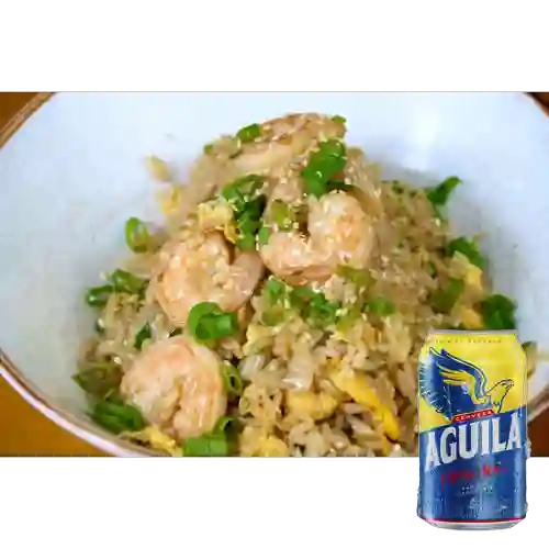 Combo Arroz Chaufa Camarones + Aguila Orig Lata 330ml