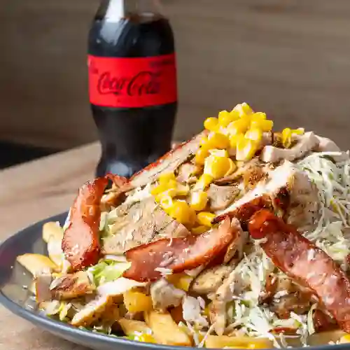 Salchipapa Pollo Ranchera+ Bebida