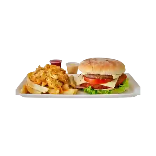 Hamburguesa Mixta & Papas con Pollo