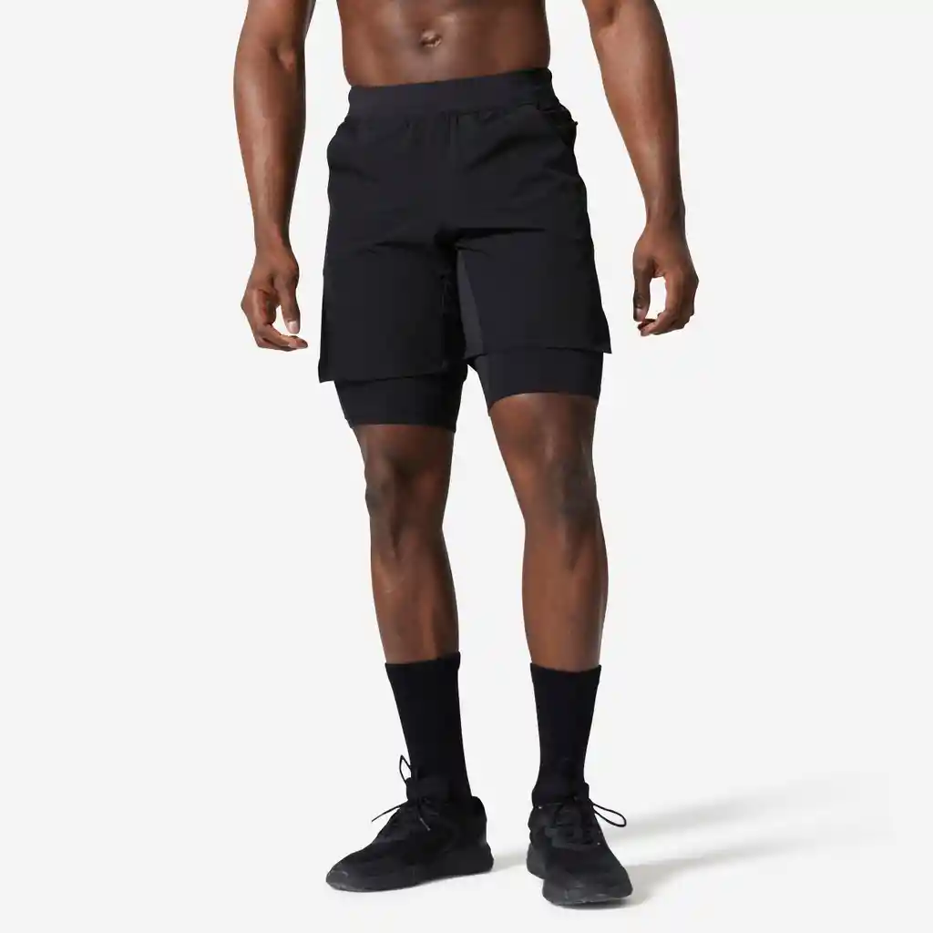 Pantaloneta 2 en 1 de Fitness Con Bolsillos Para Hombre Domyos Negro