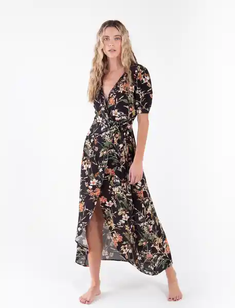 Vestido Largo Manga Corta Negro Noche Estampado Talla L Mujer Naf Naf