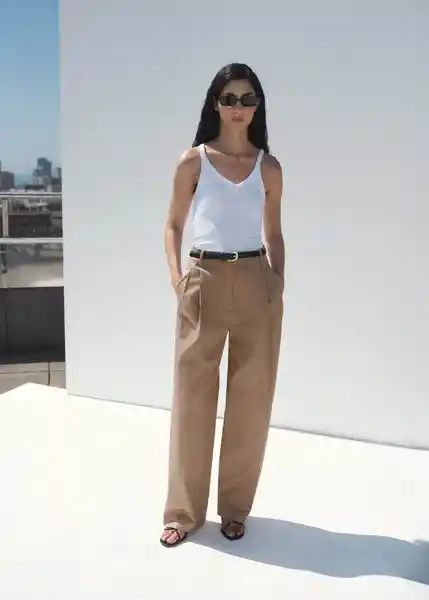 Pantalón Mila Beige Talla 40 Mujer Mango