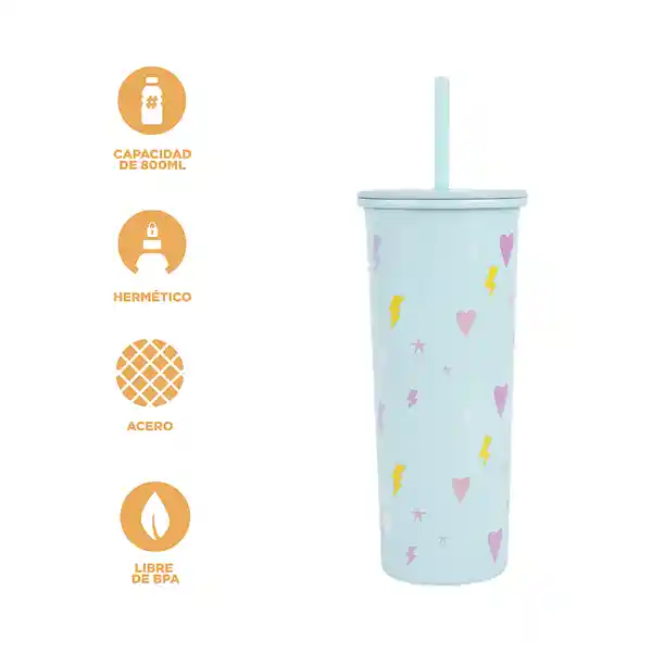 Vaso de Acero Inoxidable Con Pitillo Menta 800 mL Miniso