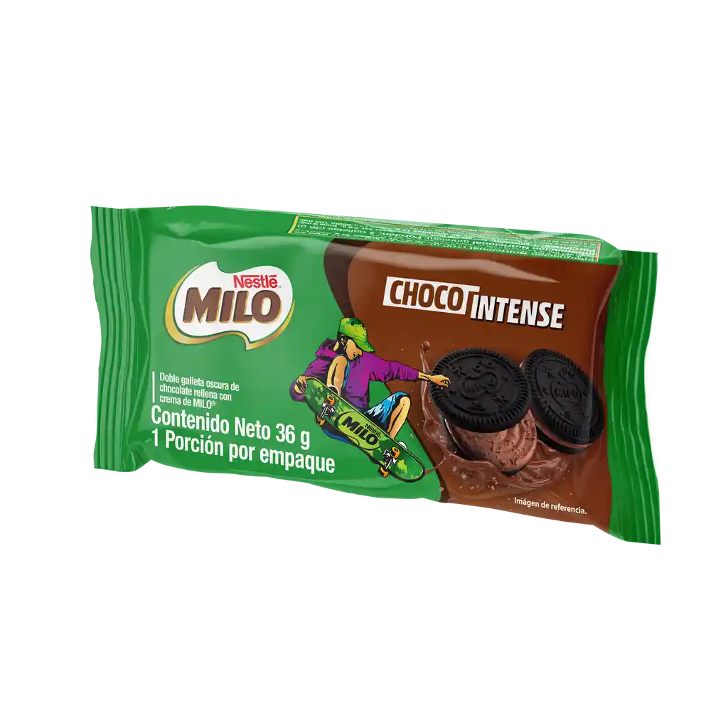 MILO Choco Intense galleta de chocolate rellena con crema de Milo x 36g