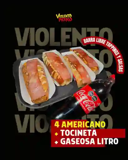 4 Perros americanos +4 tocineta + bebida