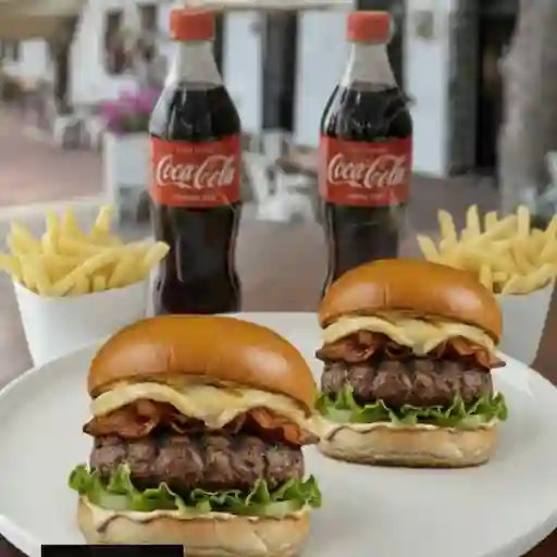2 Hamburguesas + papas + gaseosa