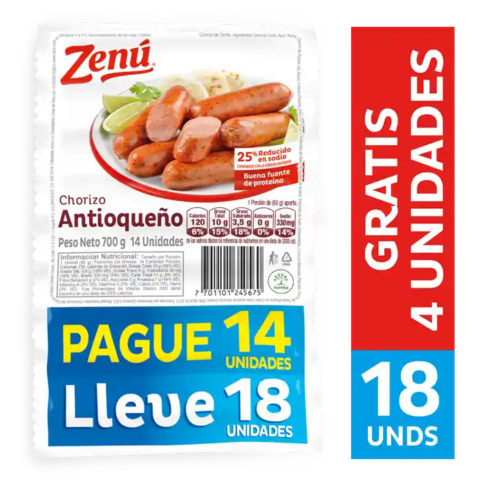 Zenú Chorizo Antioqueño X 18 Unidades