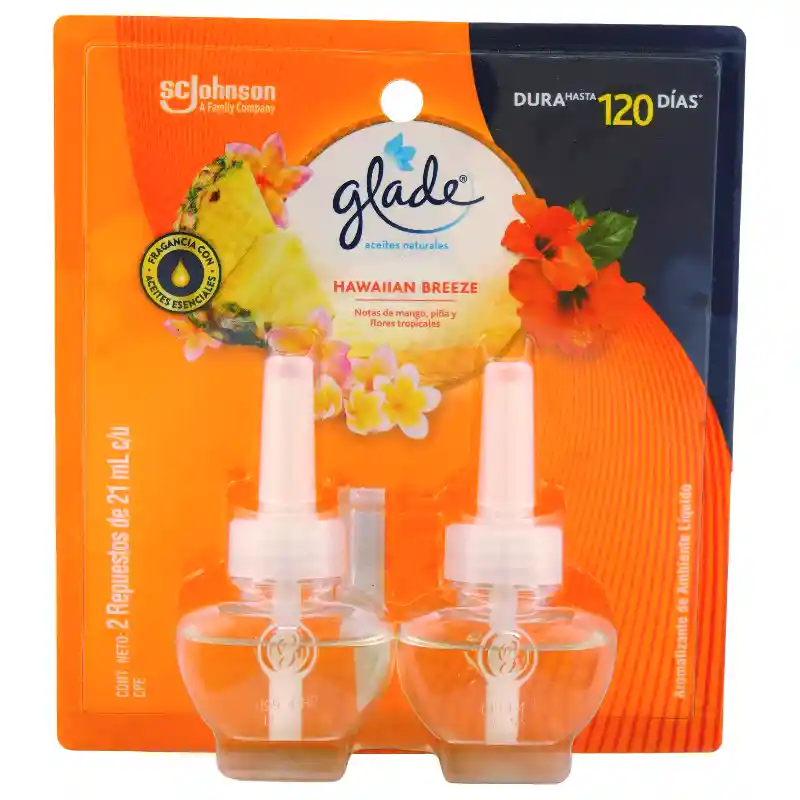Glade Ambientador aceites naturales  hawaiian breeze 2 repuestos, 42 ml