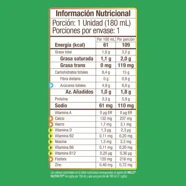 Leche Malteada MILO NUTRI-FIT menos azúcares 6 x 180mL c/u