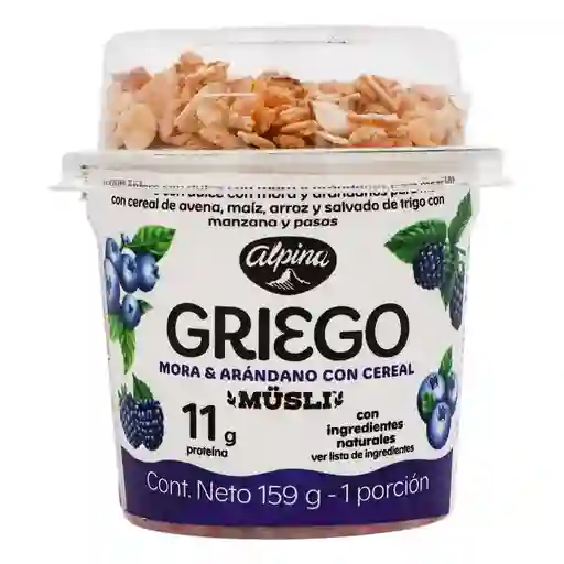 Alpina Yogurt Griego Sabor a Mora Arándano y Cereal Musli