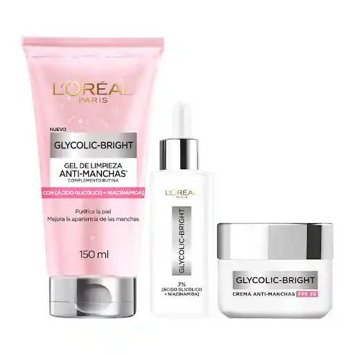 Combo Loreal Paris Ácido Glicolíco Gel Limpiador + Sérum Rostro + Crema Día Pack