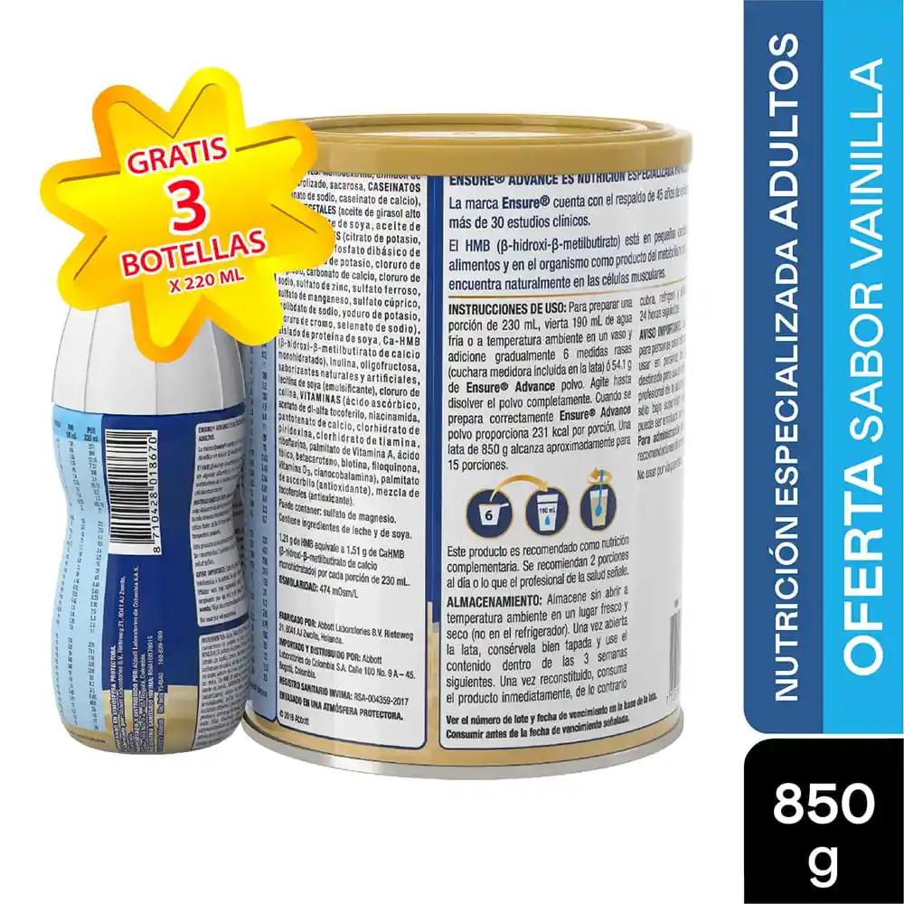 Oferta Ensure Advance Vainilla 850 G + 3 Ensure Advance 220 ML Sin Costo