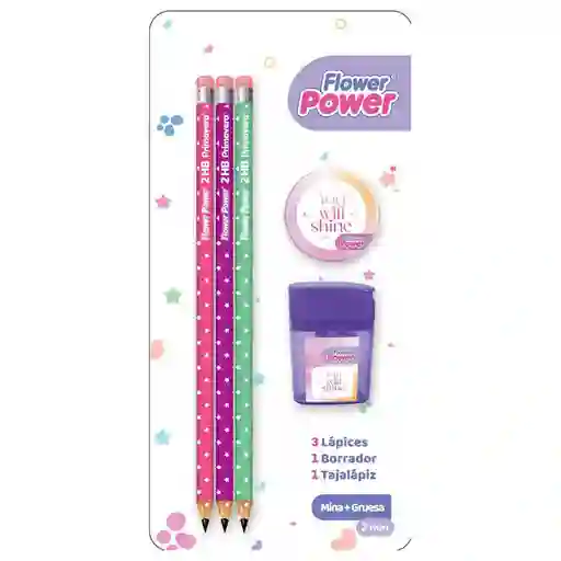 Primavera Set Lápiz Flower Power + Sacapuntas + Borrador