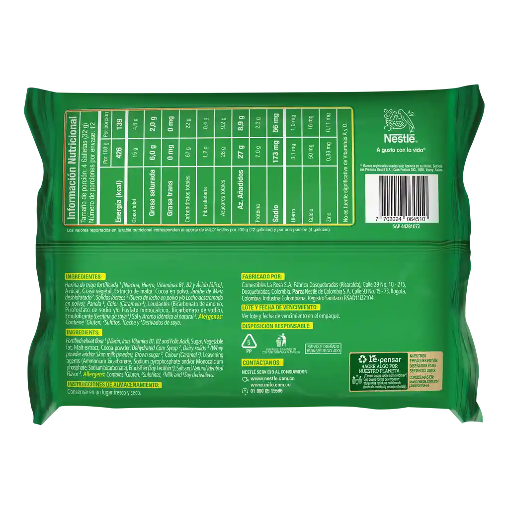 Galletas MILO Anillos rellenas con crema 12 Unds x 390g