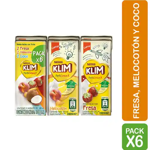 Bebida láctea KLIM® con fruta (Melocotón, Fresa, Coco) cajita x 6 uni x 180ml