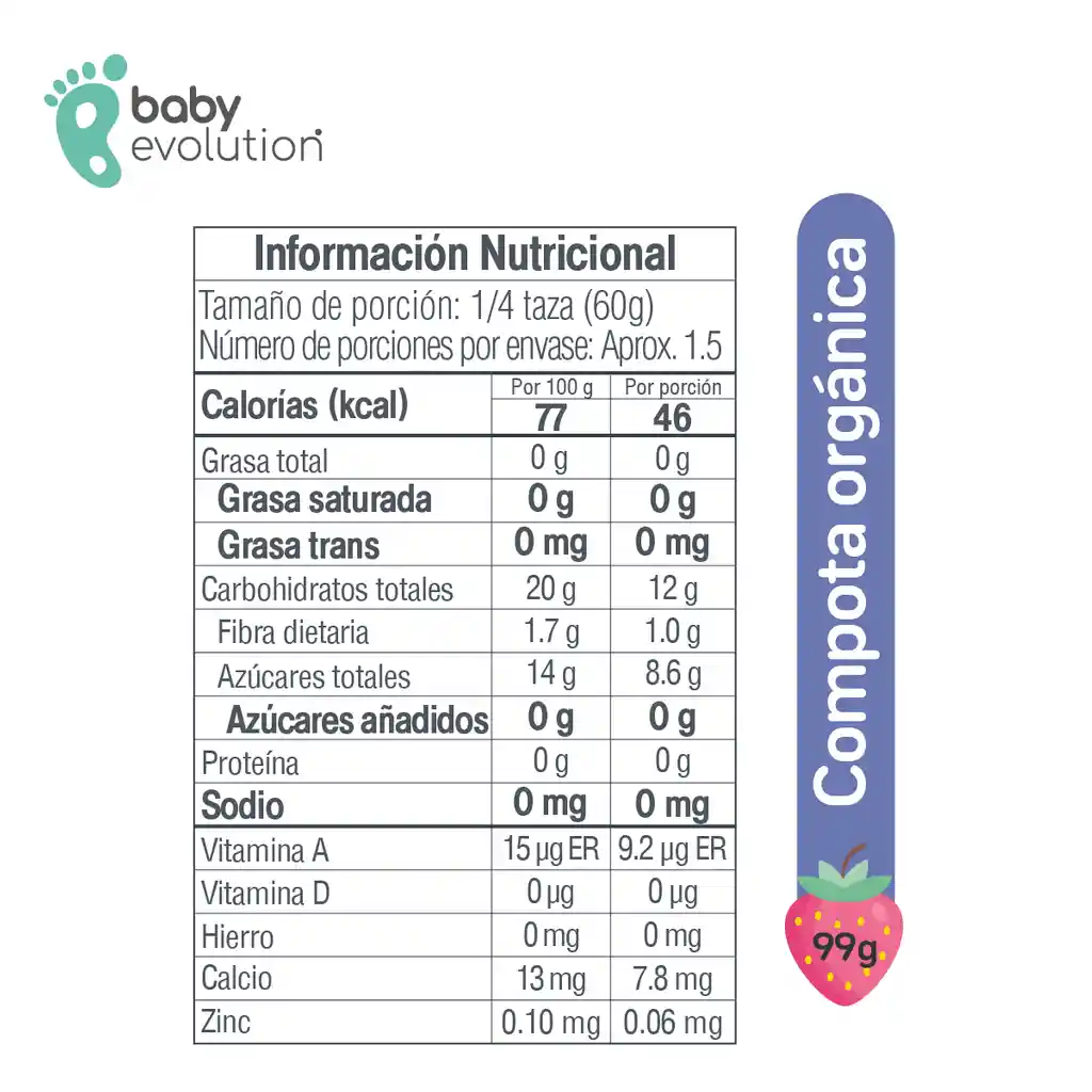 Baby Evolution Compota Orgánica  Manzana Banano Fresa. 0g de azúcar añadido.