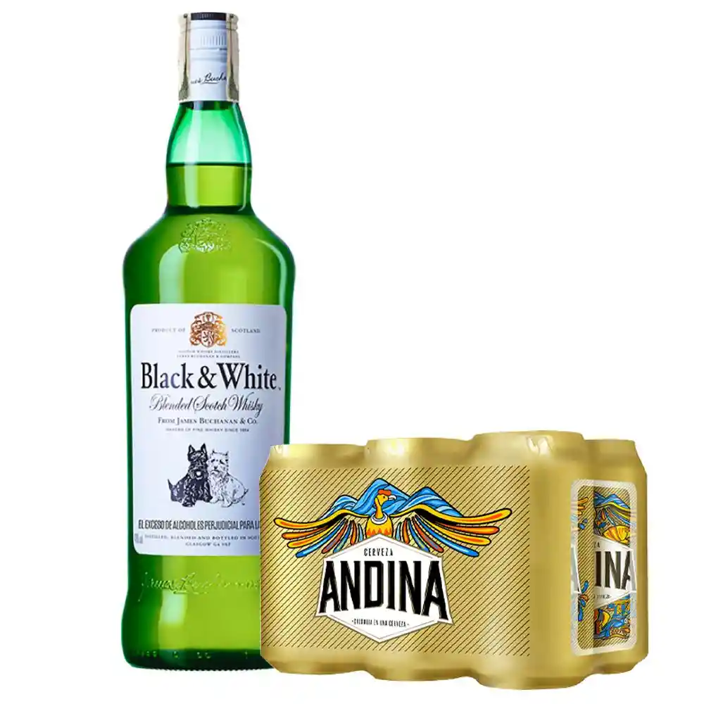 Whisky Black & White 700 + Six Pack Andina Lata 330 Ml