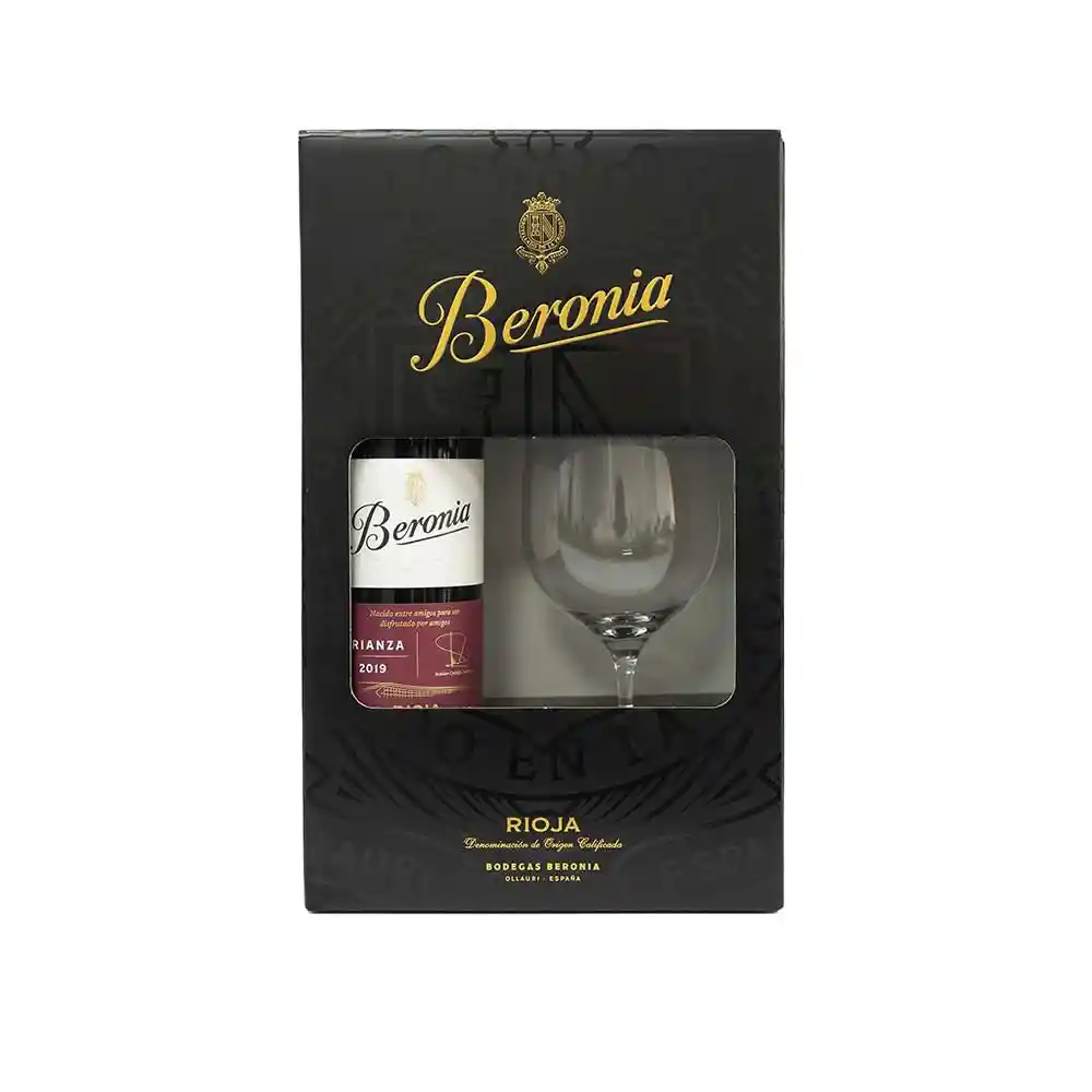 Estuche Vino Español (tinto) +copa Beronia