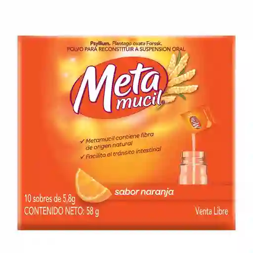 Metamucil Fibra Natural Psyllium ayuda a la regularización intestinal sabor Naranja 10 Unidades