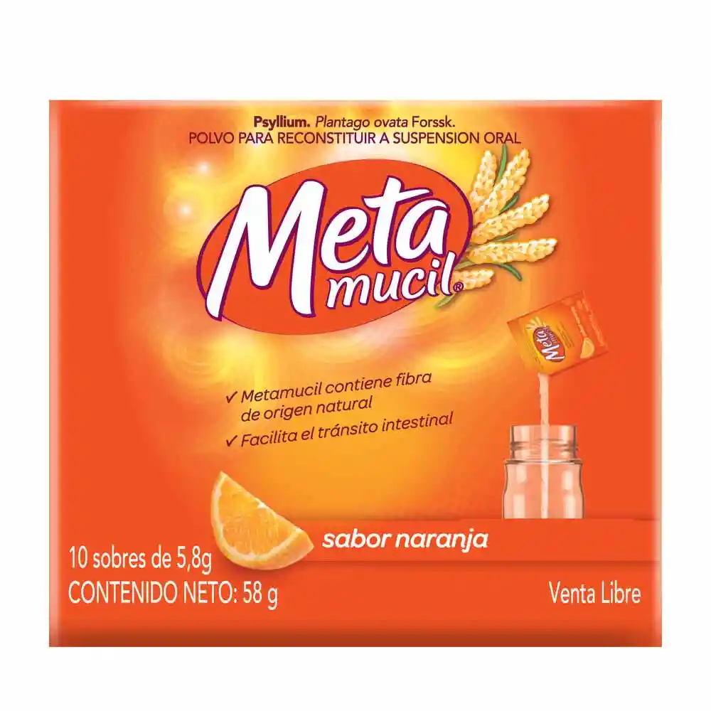 Metamucil Fibra Natural Psyllium ayuda a la regularización intestinal sabor Naranja 10 Unidades