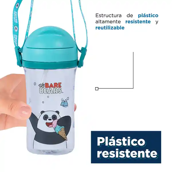 Vaso Plástico Con Pitillo y Correa Panda Azul 400 mL Miniso