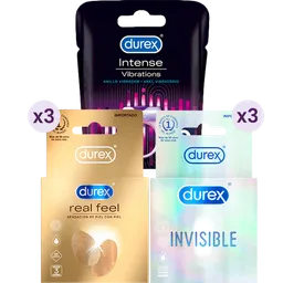 Durex Condón Invisiblex3 + Real Feelx3 + Durex Anillo Vibrador