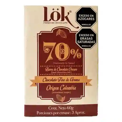 Barra Lok Premium Products Chocolate Oscuro 70% Cacao Fin (60 Gr)