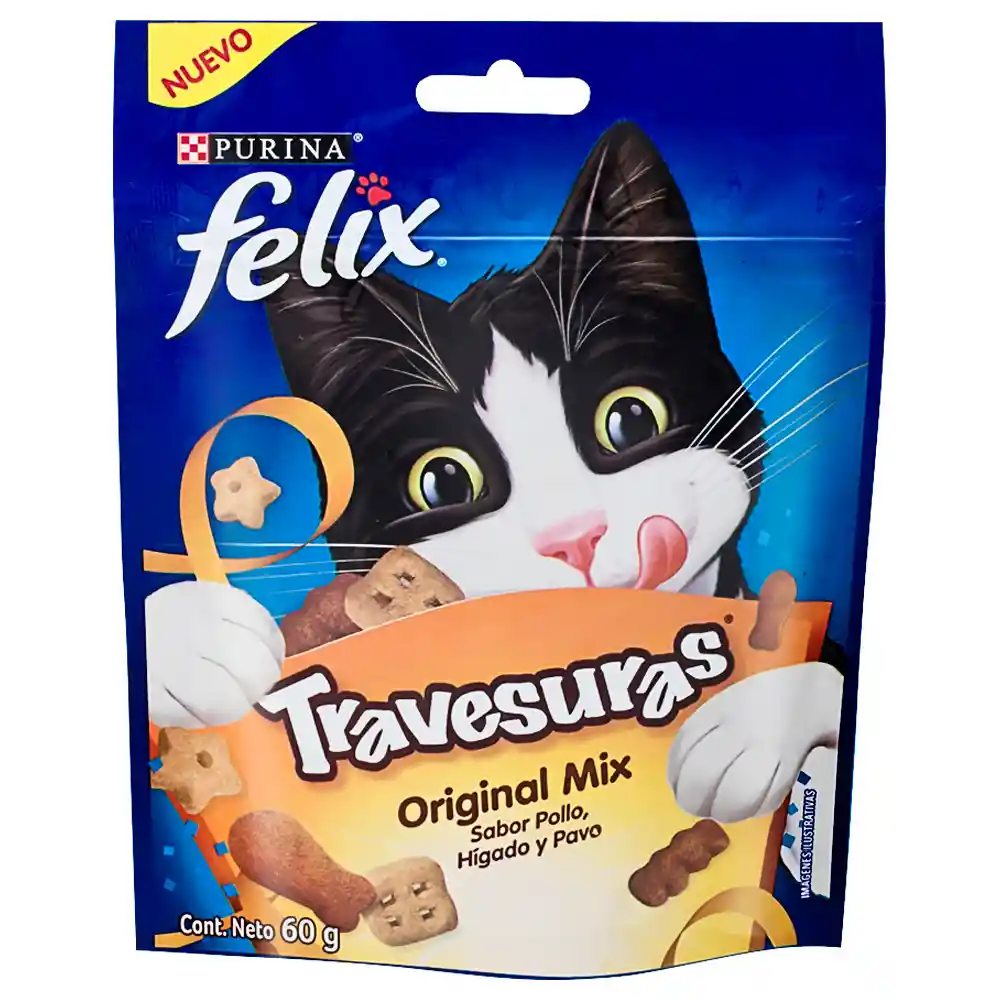 Snack para gatos adultos de todas las razas Purina Felix Travesuras sabor a Pollo, Hígado y Pavo x 60gr
